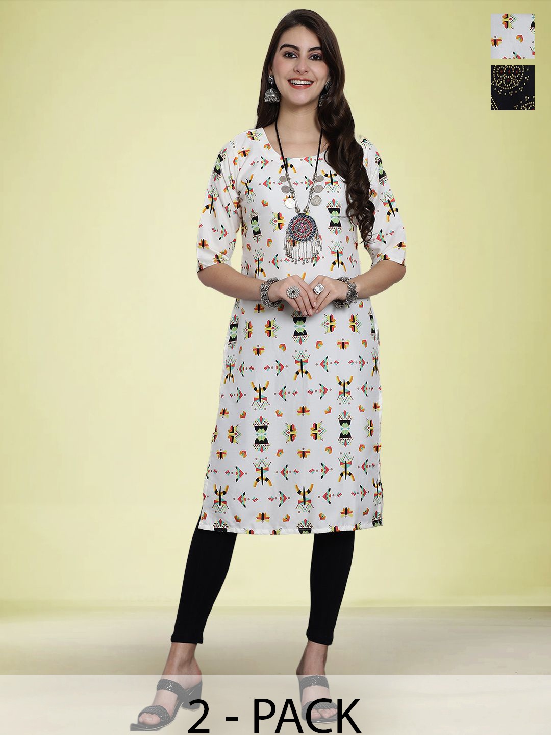 

Moda Rapido Selection Of 2 Geometric Printed Straight Kurta, White