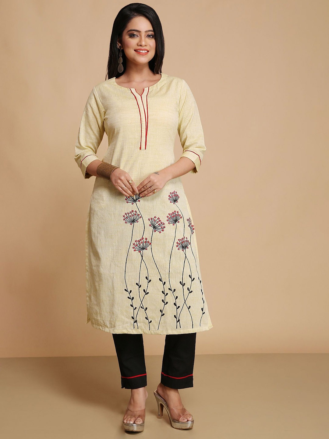 

WoodenTant Floral Embroidered Thread Work Pure Cotton Straight Kurta With Trouser, Cream