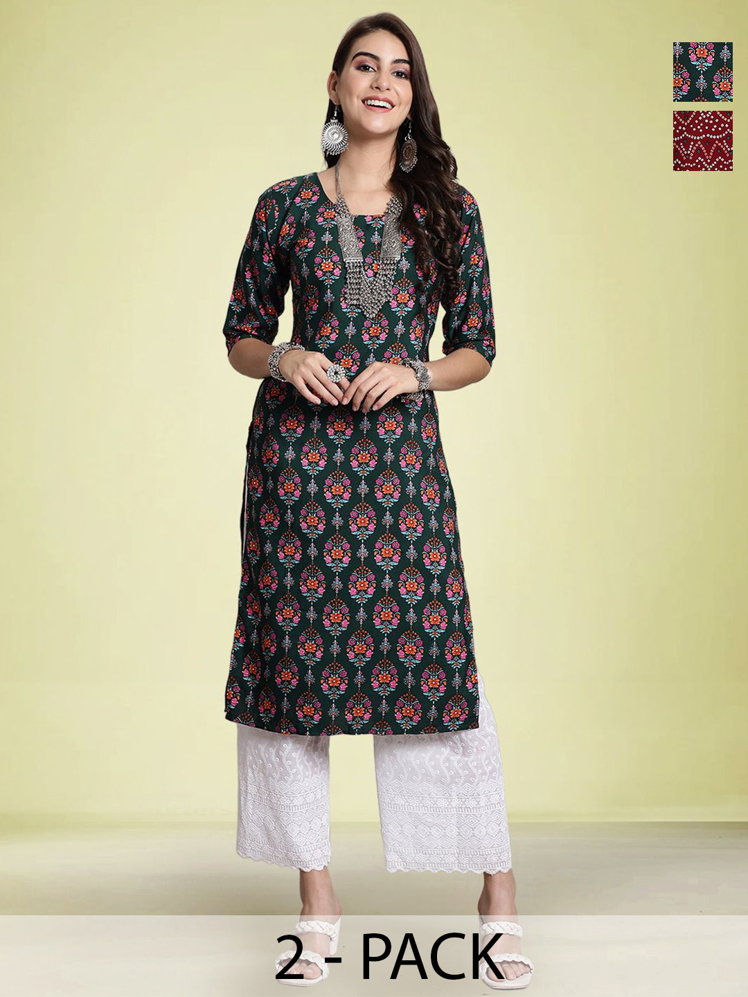 

Moda Rapido WomenPack Of 2 Printed Straight Kurta, Green