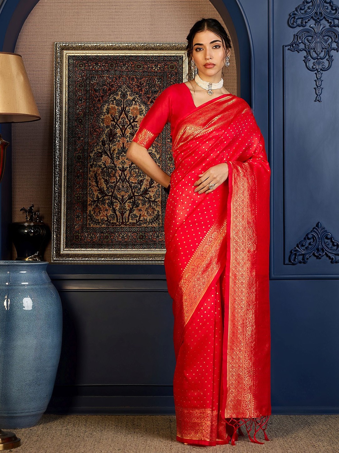 

Sangria Woven Design With Zari Saree With Unstitched Blouse, Red