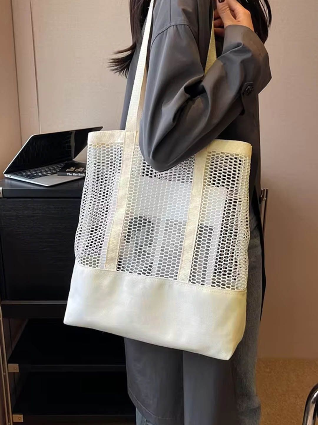 

StyleCast Oversized Shopper Tote Bag with Cut Work, Beige