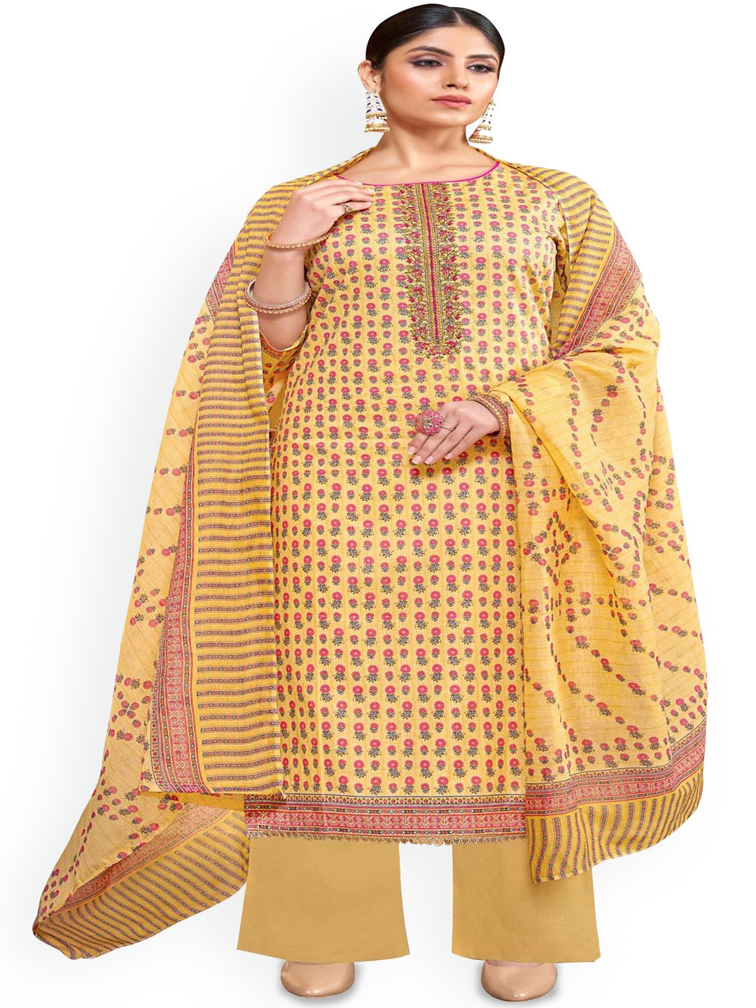 

DRAVINAM Trends Embroidered Pure Cotton Unstitched Dress Material, Yellow