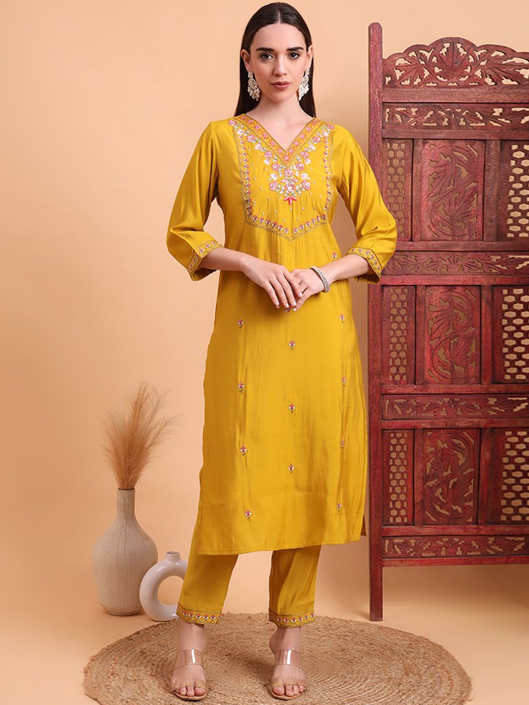 

Krimmple Women Ethnic Motifs Embroidered Regular Kurta with Trousers & With Dupatta, Mustard