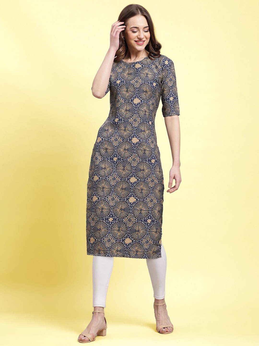 

Moda Rapido Blue & Brown Geometric Printed Straight Kurta