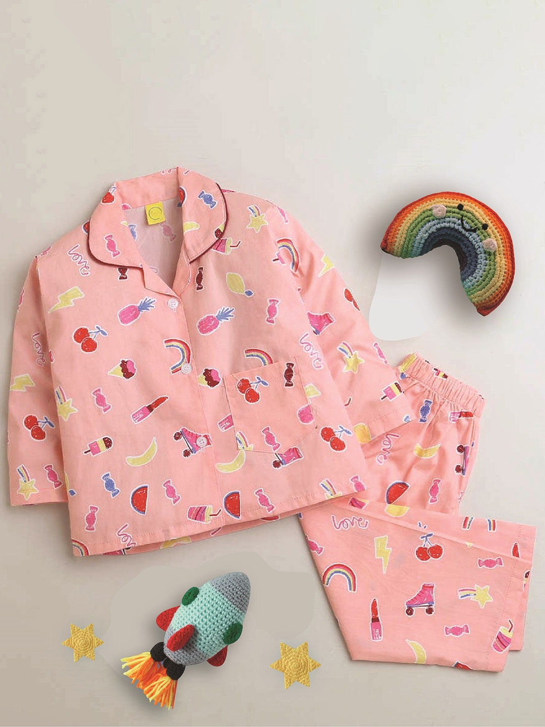 

The Magic Wand Unisex Kids Printed Night suit, Peach