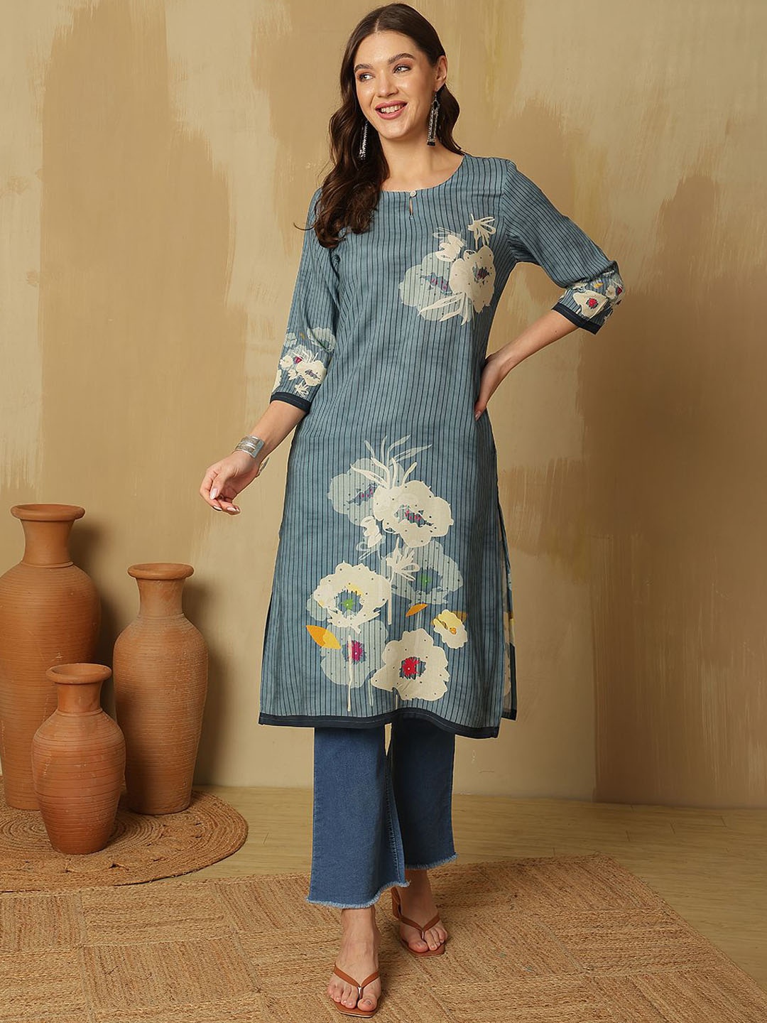 

Anouk Teal Blue Striped Keyhole Neck Straight Kurta