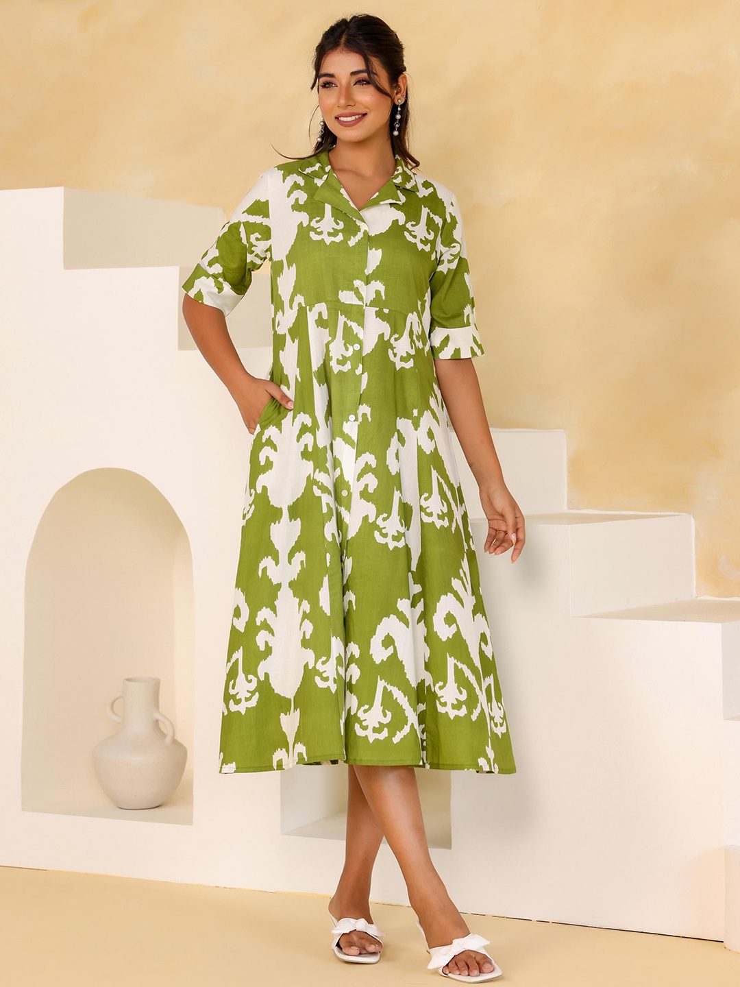 

LABEL FLAVIA Floral Printed Cotton A-Line Midi Dress, Green