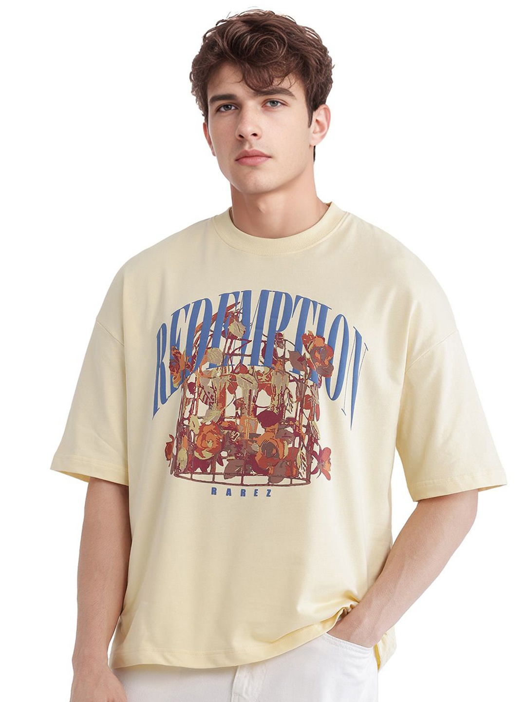

RARE RABBIT Men Graphic Printed Round Neck Cotton Oversized T-shirt, Yellow