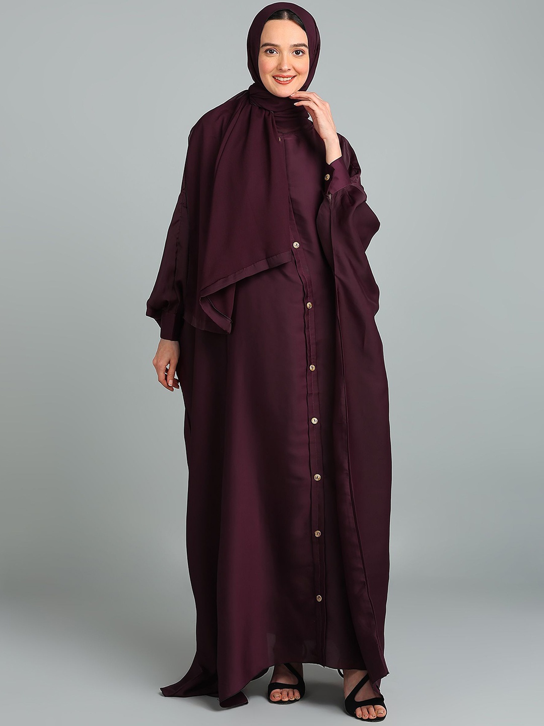 

BROKE BRAND Women Round Neck Button Down Kaftan Abaya Burqa, Maroon