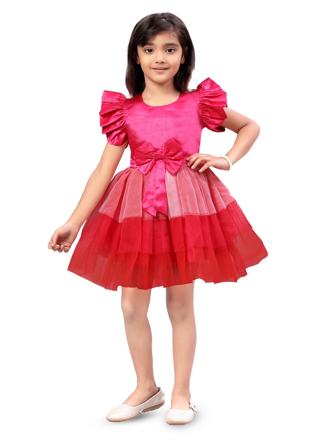 

HERE&NOW Girls Puff Sleeve Net Fit & Flare Dress, Pink