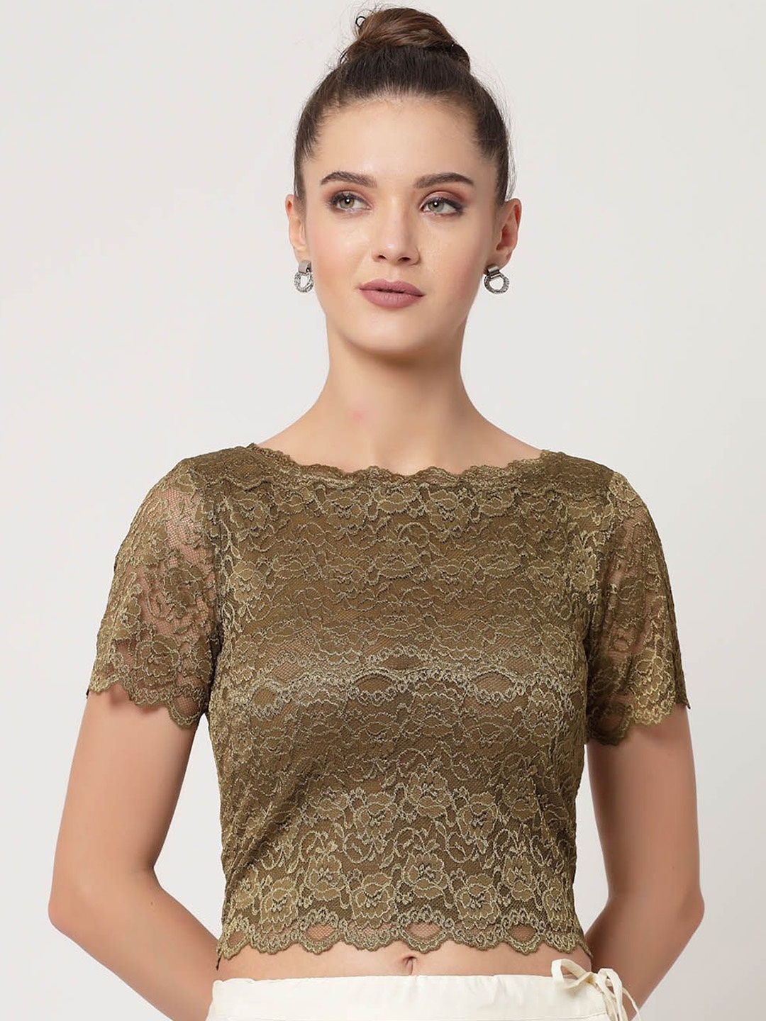 

OFFICE & YOU Self Design Lace Boat Neck Top, Olive