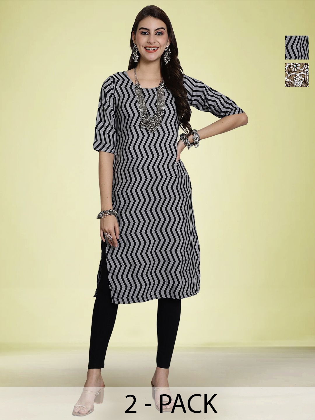 

Moda Rapido Selection Of 2 Chevron Printed Round Neck Straight Kurtas, Black