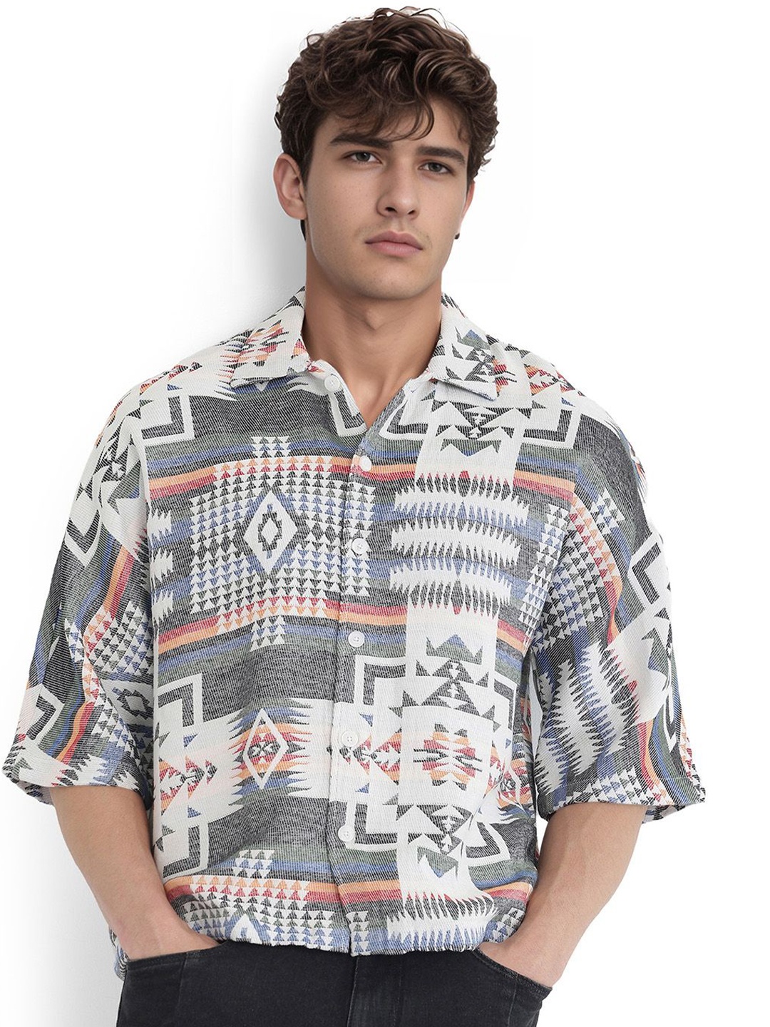 

RARE RABBIT Men Comfort Boxy Fit Spread Collar Geometric Printed Cotton Casual Shirt, White