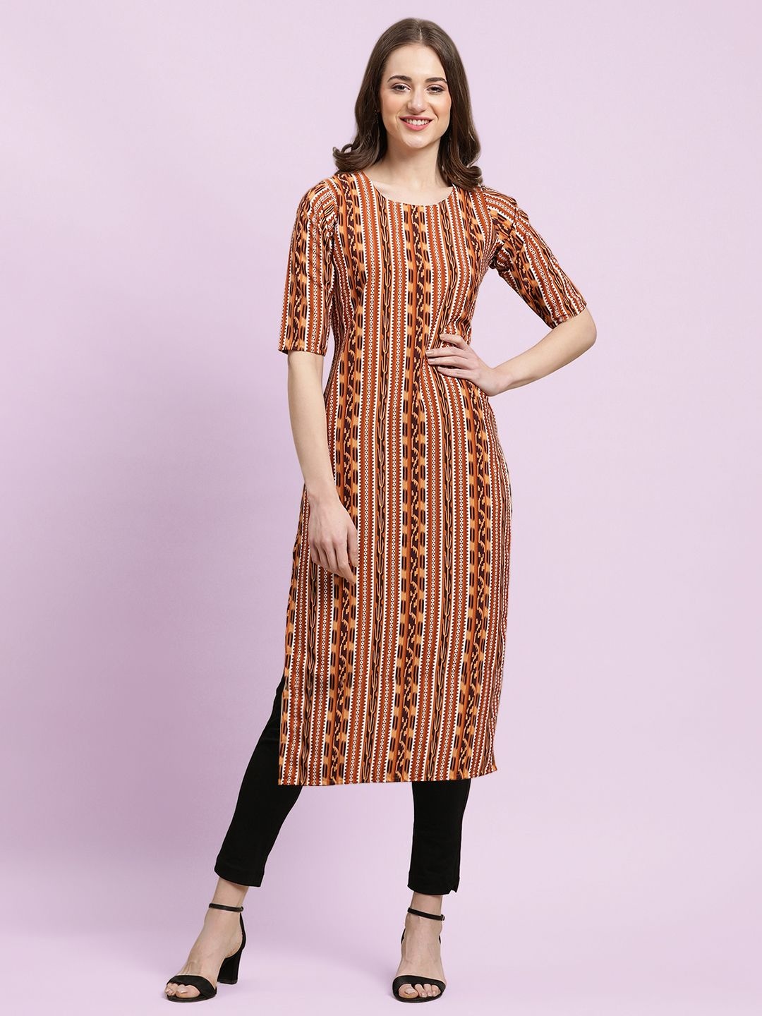 

Moda Rapido Ethnic Motifs Printed Round Neck Straight Kurta, Brown