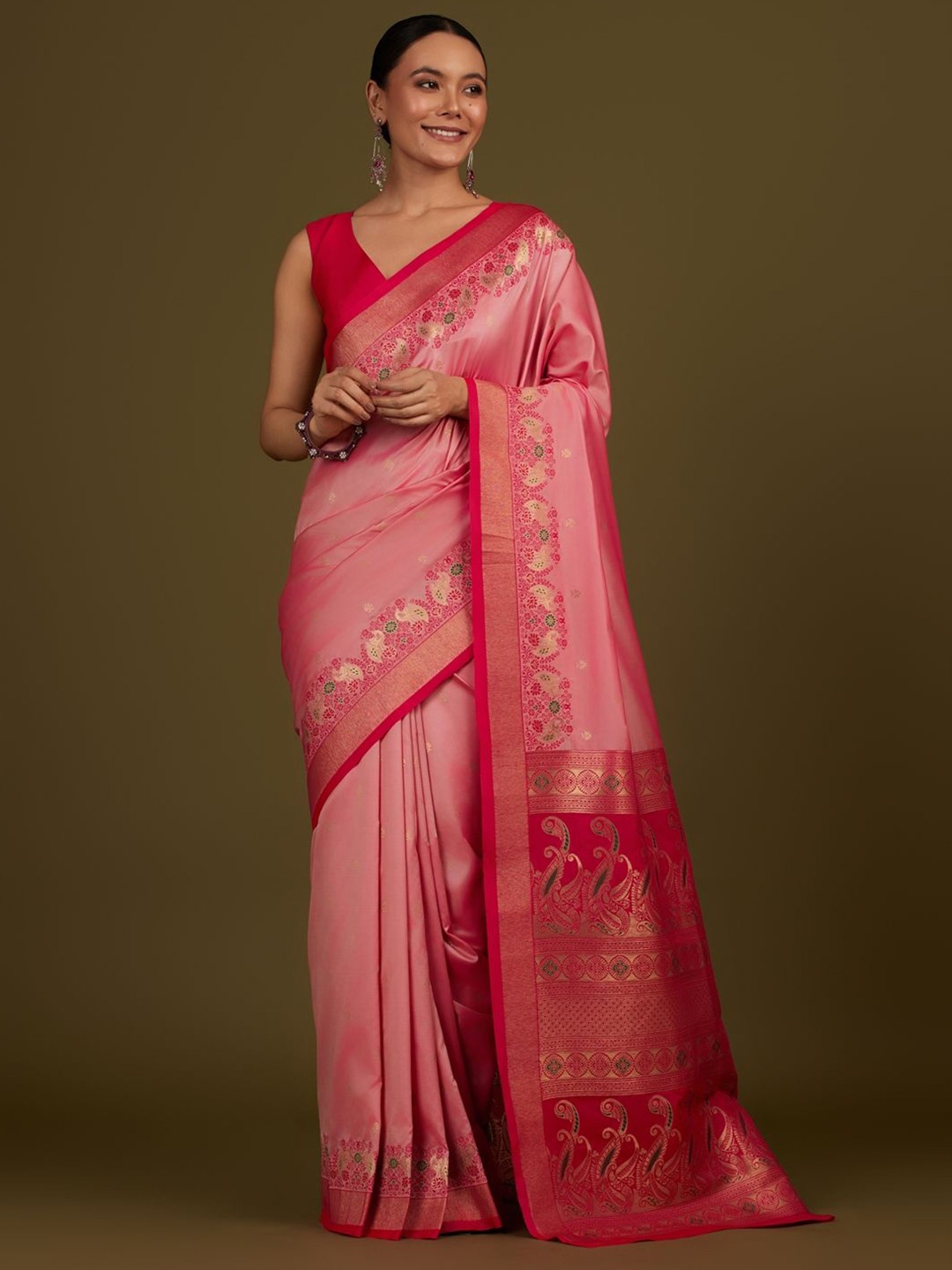 

MONJOLIKA FASHION Woven Design Zari Banarasi Saree, Pink