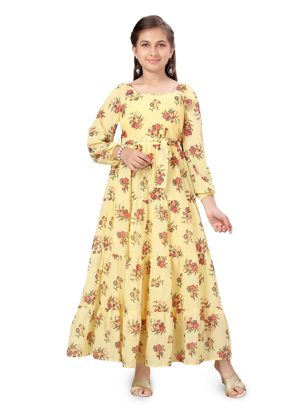 

HERE&NOW Girls Floral Print Puff Sleeve Georgette Maxi Dress, Yellow