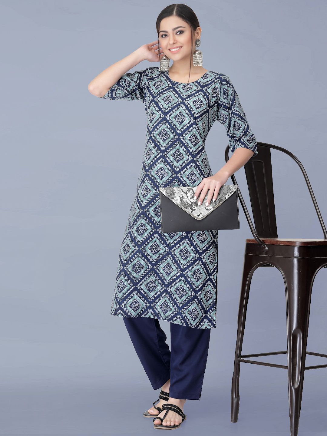 

Moda Rapido Bandhani Printed Round Neck Straight Kurta With Trouser, Blue