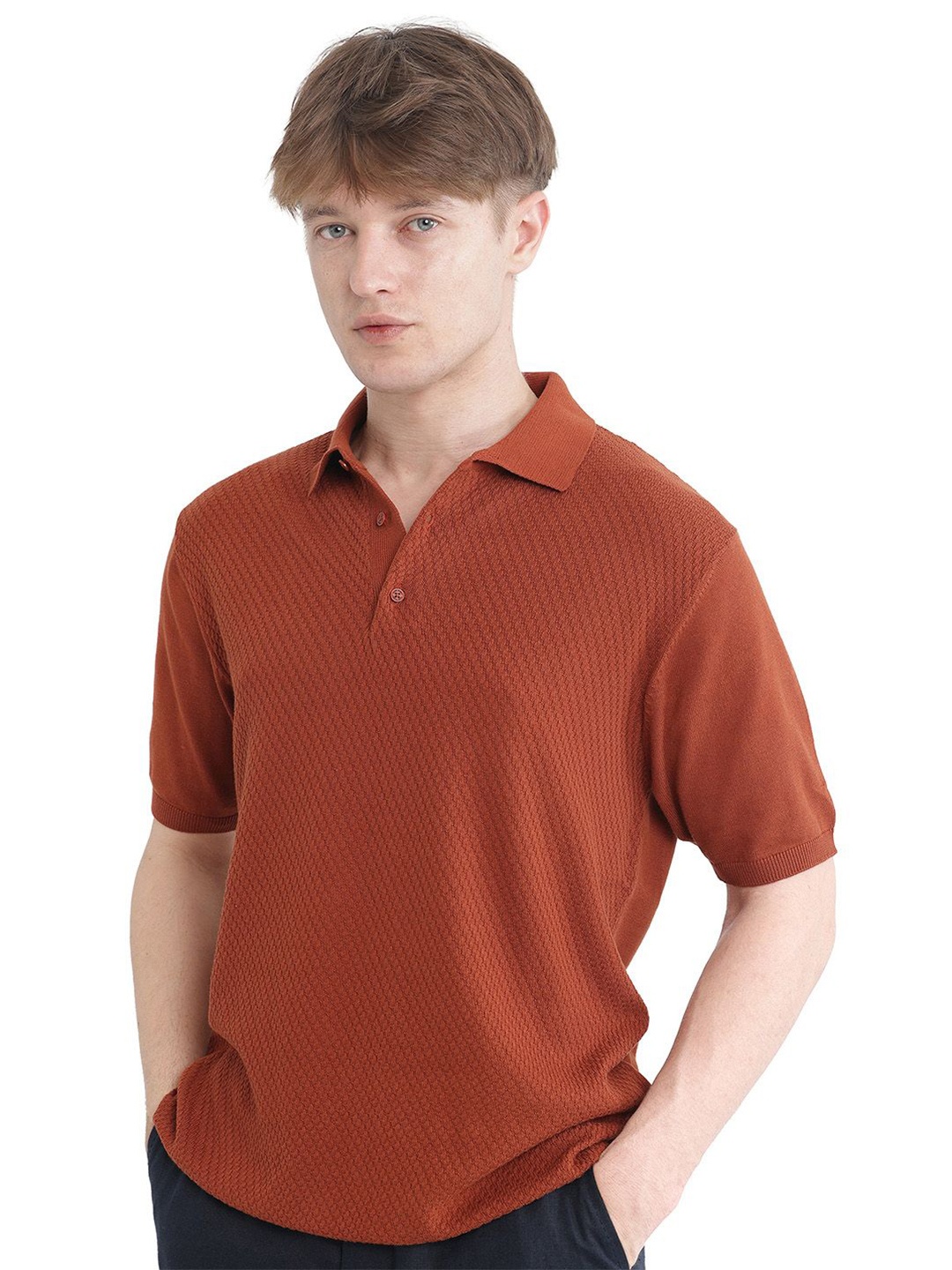

RARE RABBIT Men Self Design Polo Collar Cotton T-shirt, Rust