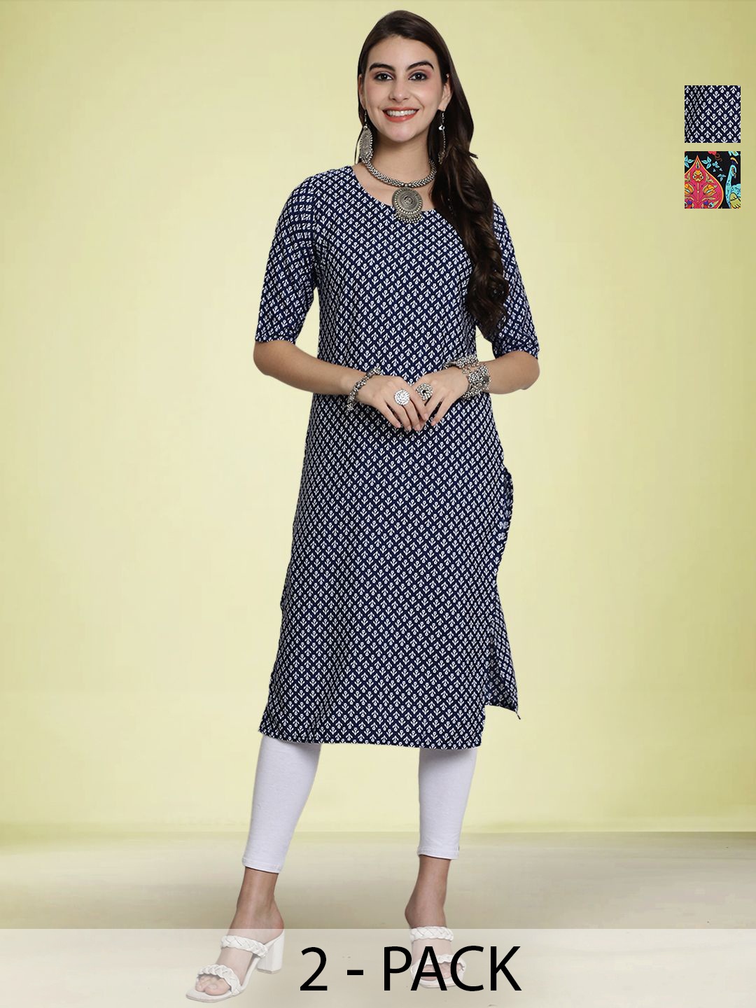 

Moda Rapido Selection Of 2 Ethnic Motifs Printed Round Neck Straight Kurtas, Black