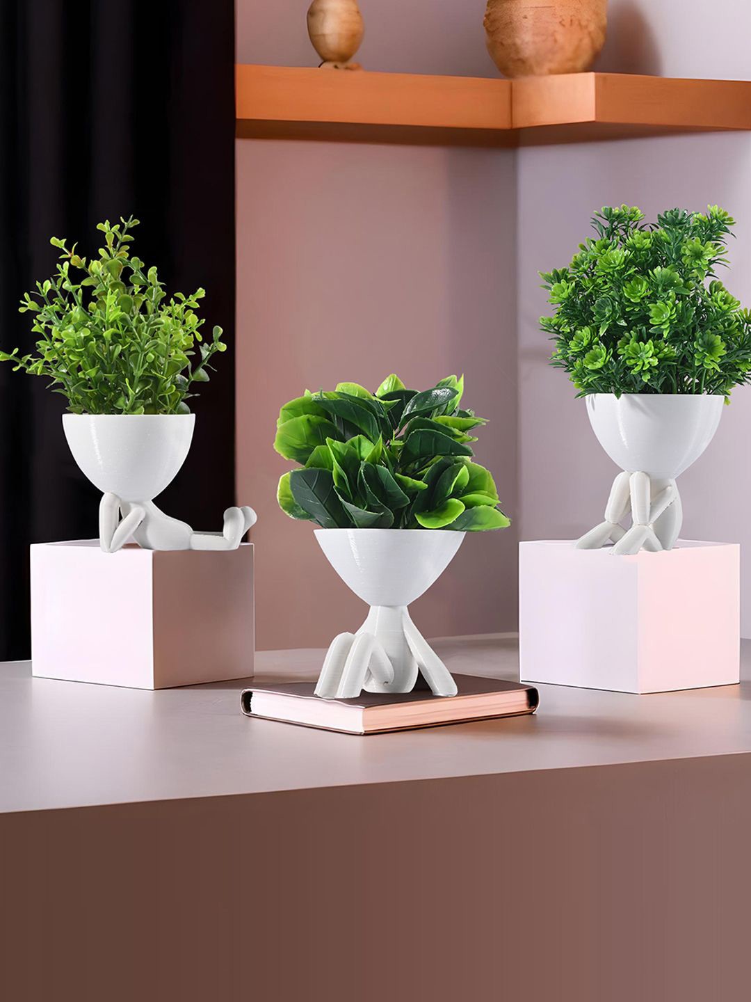 

Kuber Industries White 3 Pieces Man Shape Artificial Plants, Green