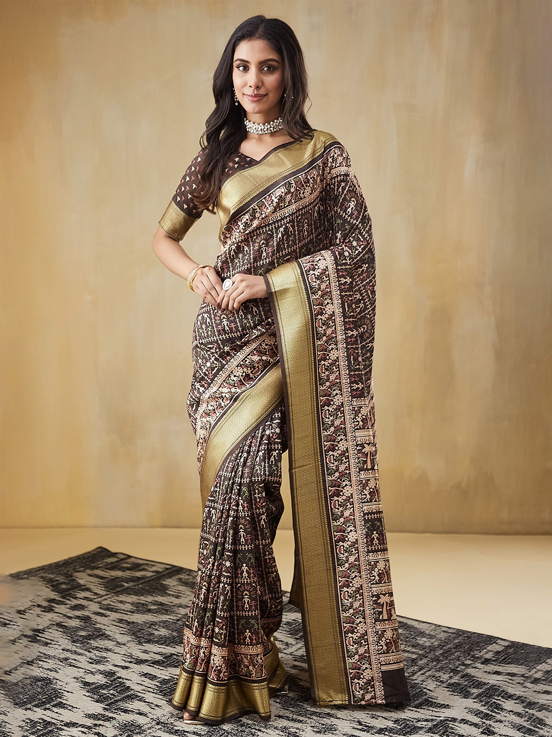 

RACHNA Warli Printed Pure Silk Patola Saree, Coffee brown