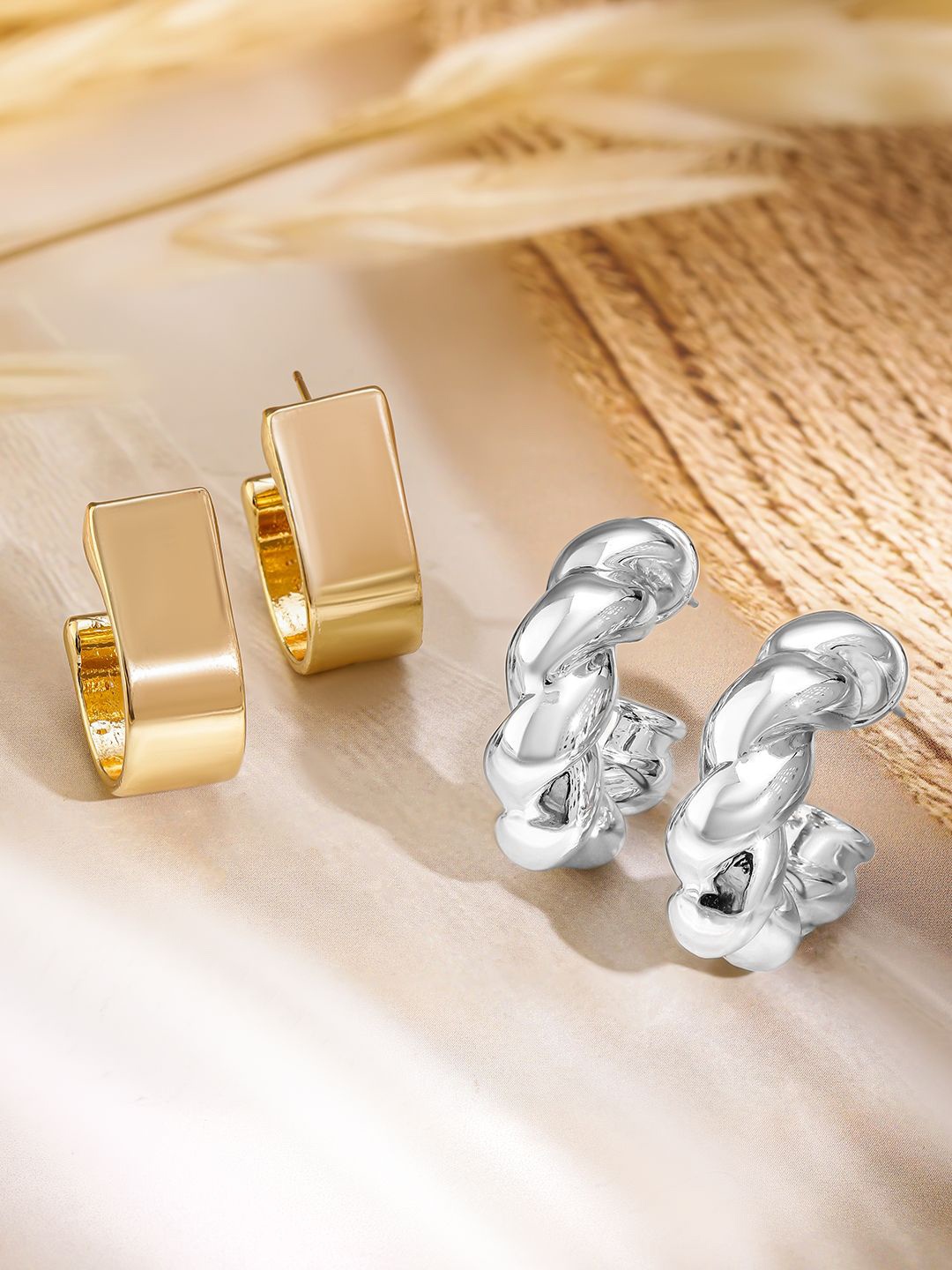

Rubans Set of 2 18K Gold Plated Contemporary Shaped Hoop Earrings