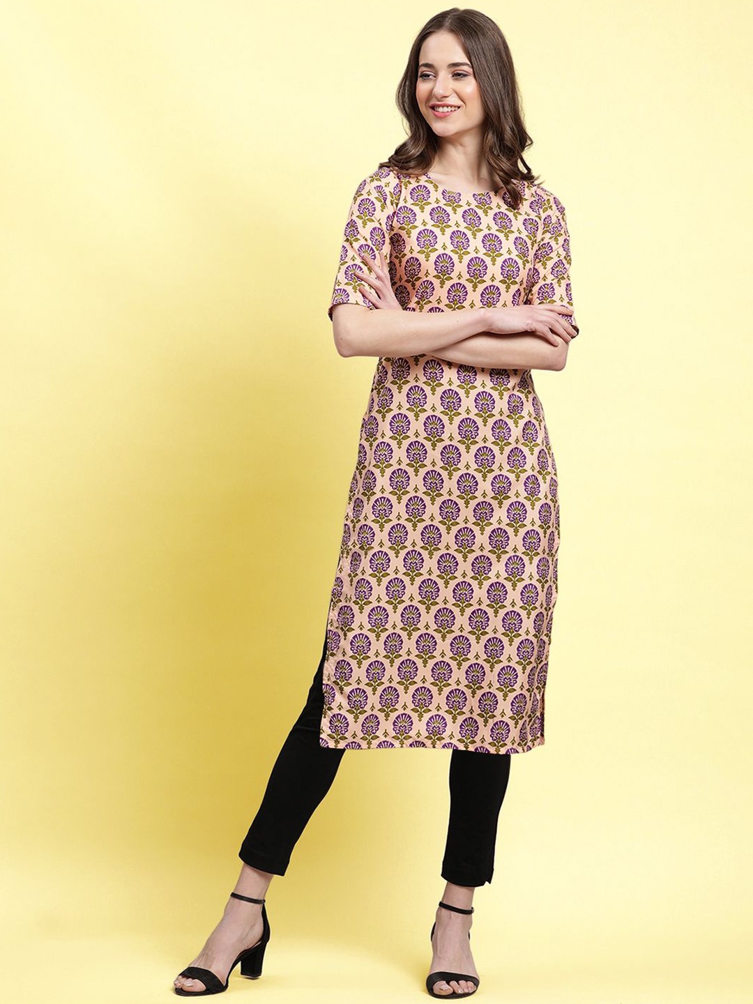 

Moda Rapido Ethnic Motifs Printed Round Neck Straight Kurta, Beige