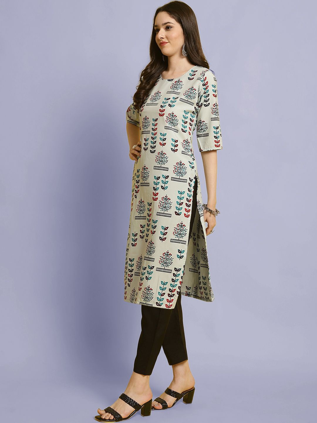 

Moda Rapido Floral Printed Round Neck Straight Kurta With Trousers, Cream