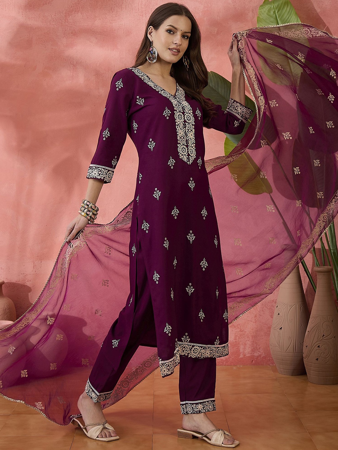 

Sangria Magenta Floral Printed V-Neck Straight Kurta With Trousers And Dupatta