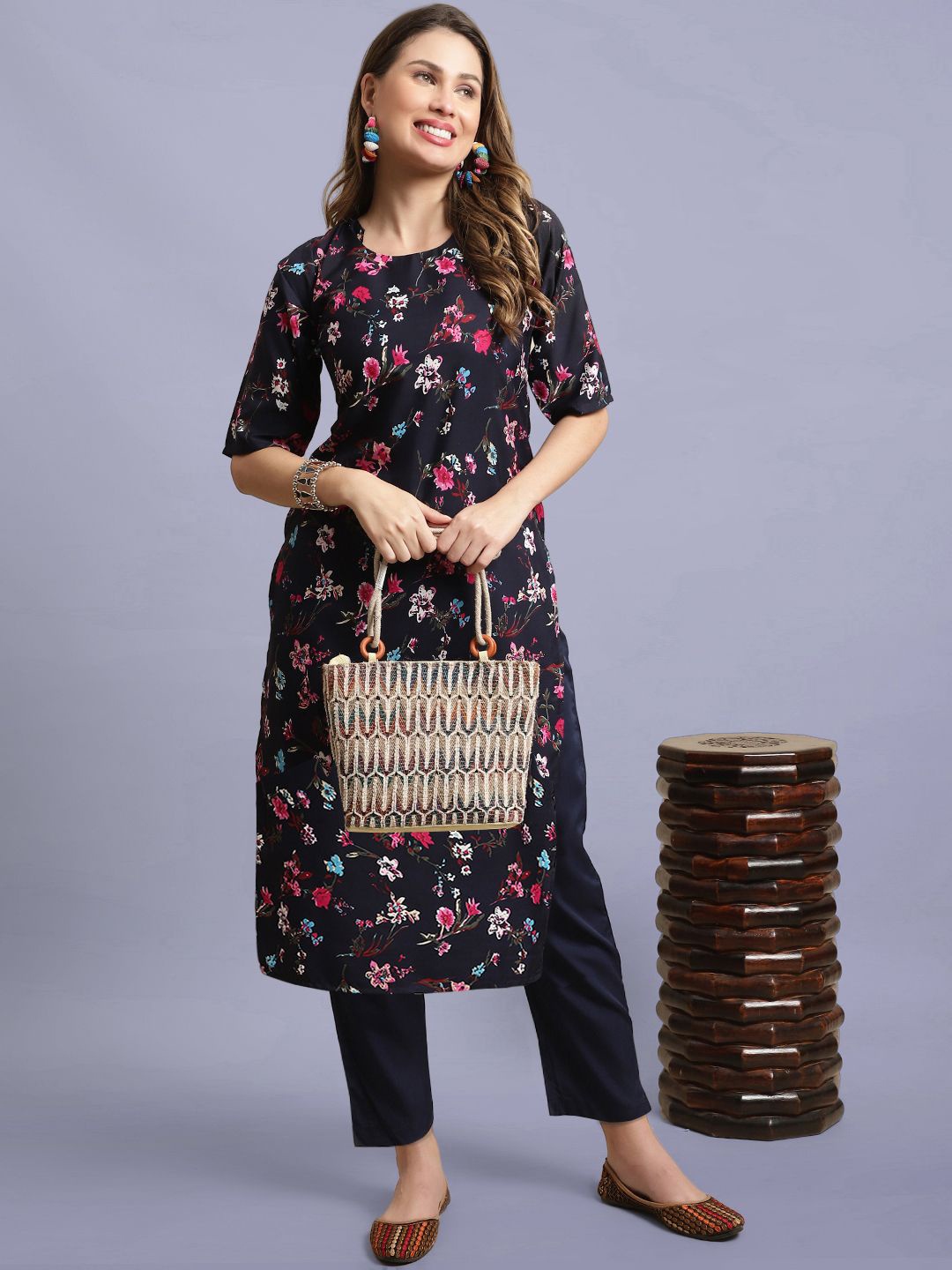 

Moda Rapido Floral Printed Round Neck Straight Kurta With Trousers, Blue