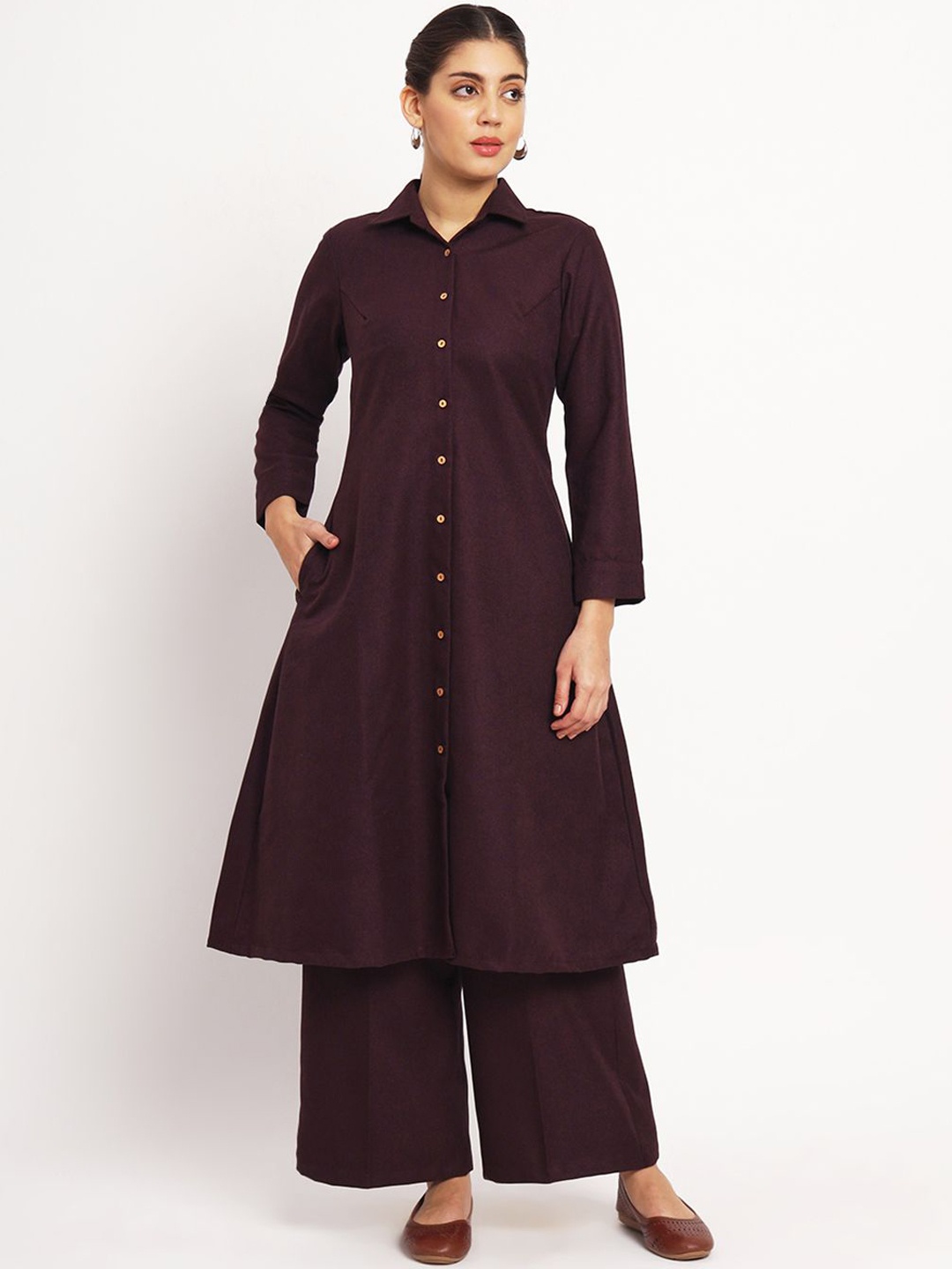 

Thevasa Shirt Collar Neck A-Line Tunic With Palazzo, Purple