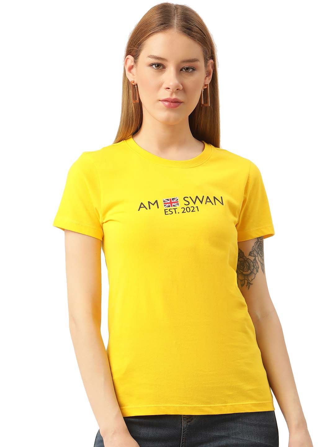 

AMSWAN Women Typography Printed Cotton Fitted Top, Yellow