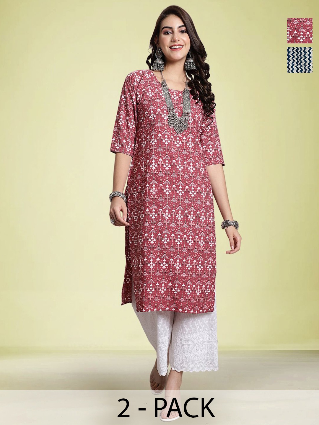 

Moda Rapido Selection Of 2 Ethnic Motifs Printed Round Neck Straight Kurtas, Pink