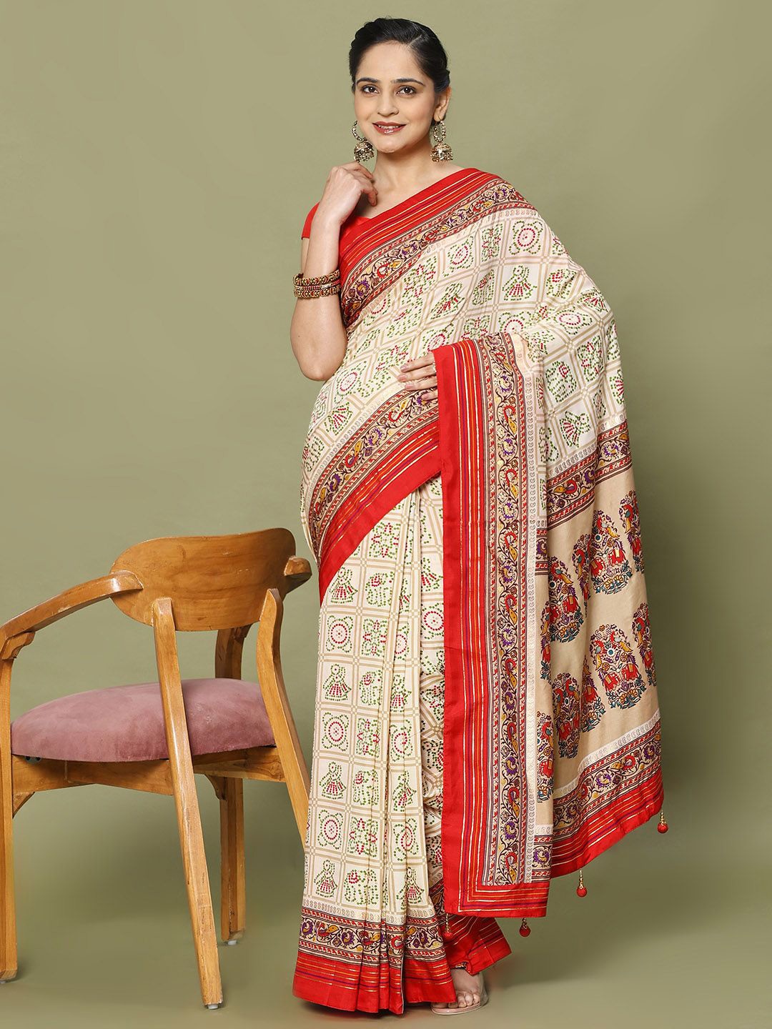 

Meena Bazaar Ethnic Motifs Printed Saree, Beige