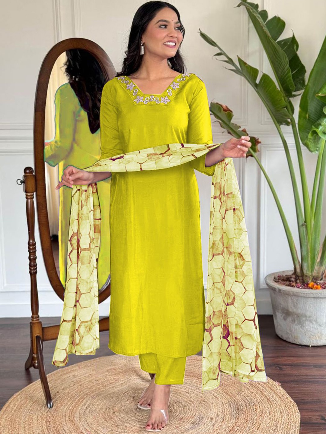 

FASHION DREAM Women Embroidered Regular Kurta with Trousers & With Dupatta, Lime green