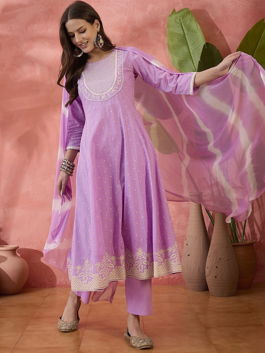 

Sangria Floral Embroidered Stone And Beads Work Anarkali Kurta With Trousers & Dupatta, Lavender