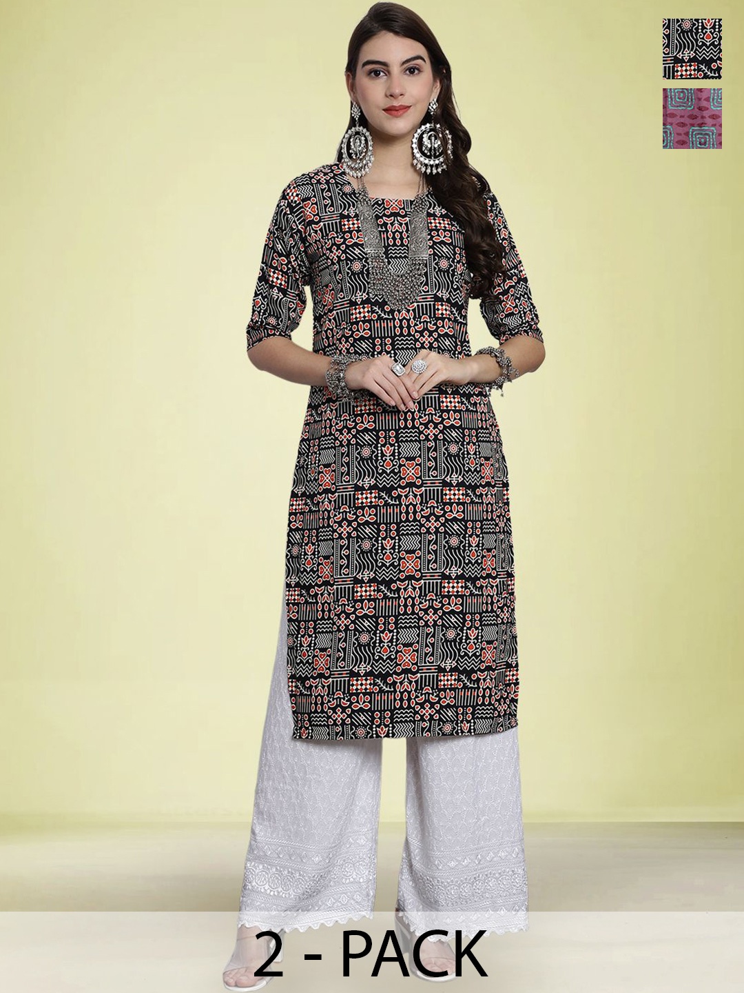 

Moda Rapido Selection of 2 Ethnic Motifs Printed Round Neck Straight Kurtas, Black