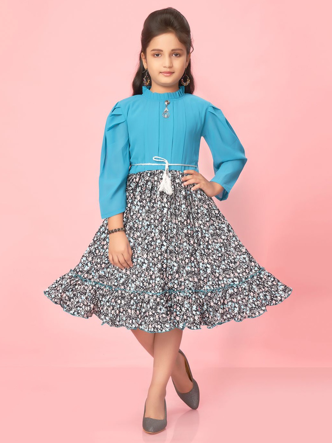 

YK Girls Floral Printed Drop-Waist Knee Length Dress, Blue