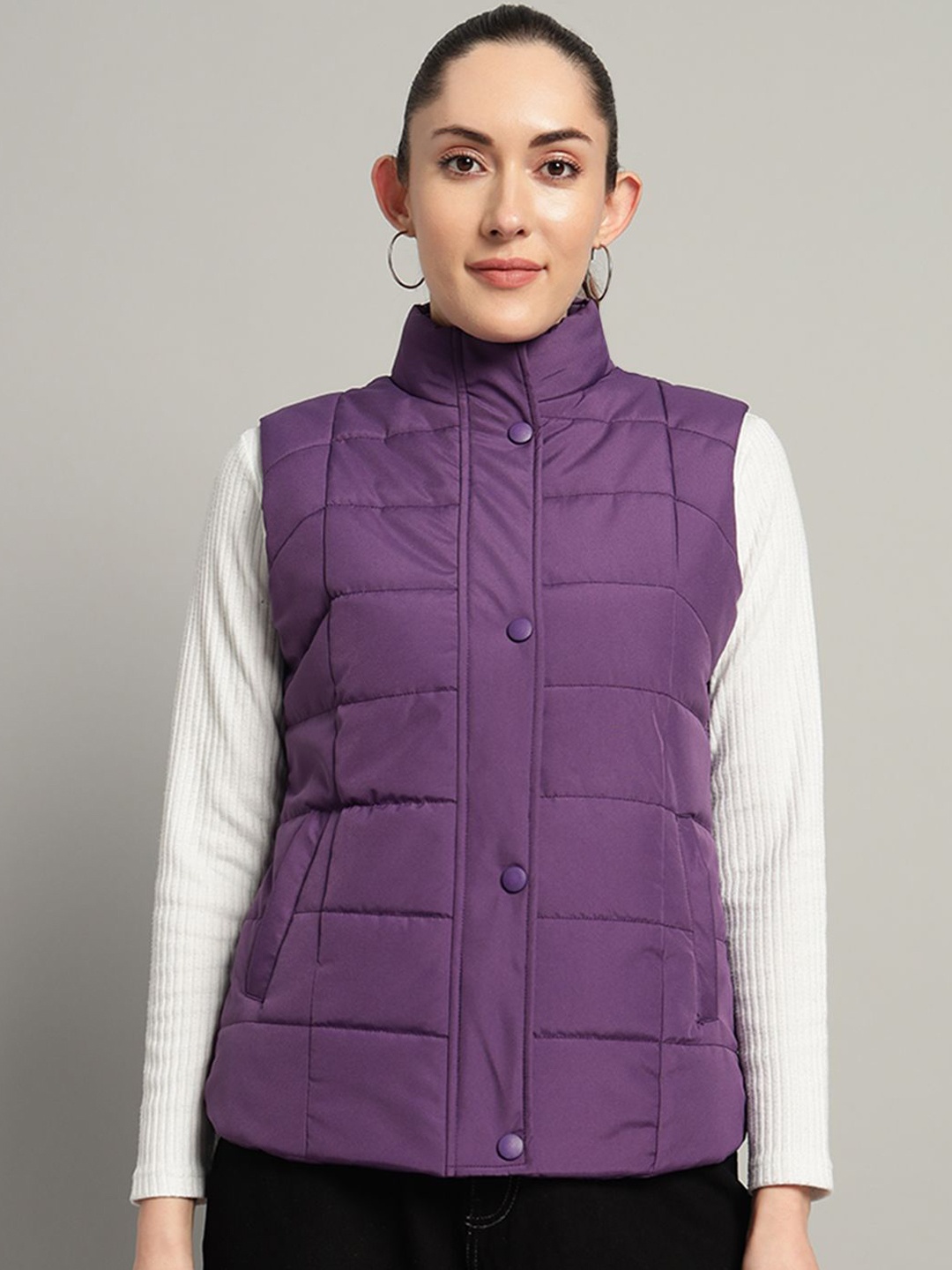 

AR-FIT Women Mock Collar Solid Casual Water Resistant Padded Jacket, Purple