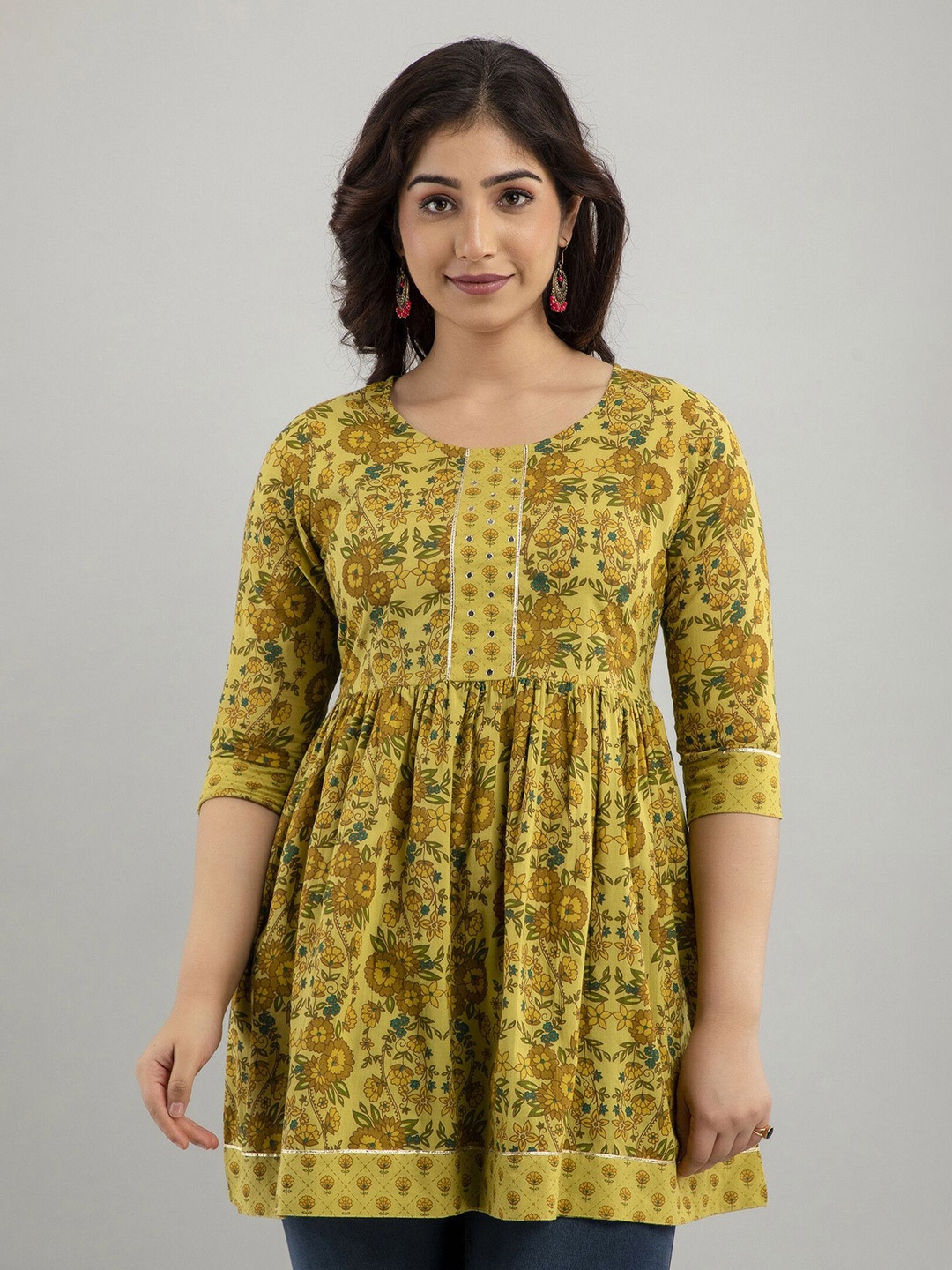 

Tailors Art Women Floral Printed Mirror Work Pleated Kurti, Yellow