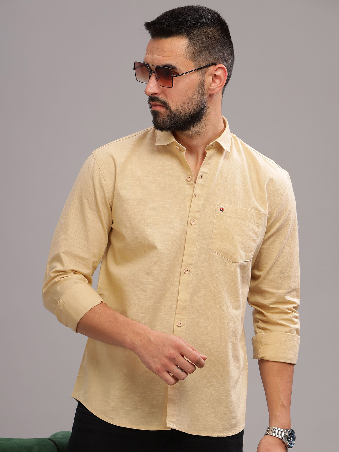 

BS BLUE SQUAD Men India Slim Fit Spread Collar Solid Casual Shirt, Cream