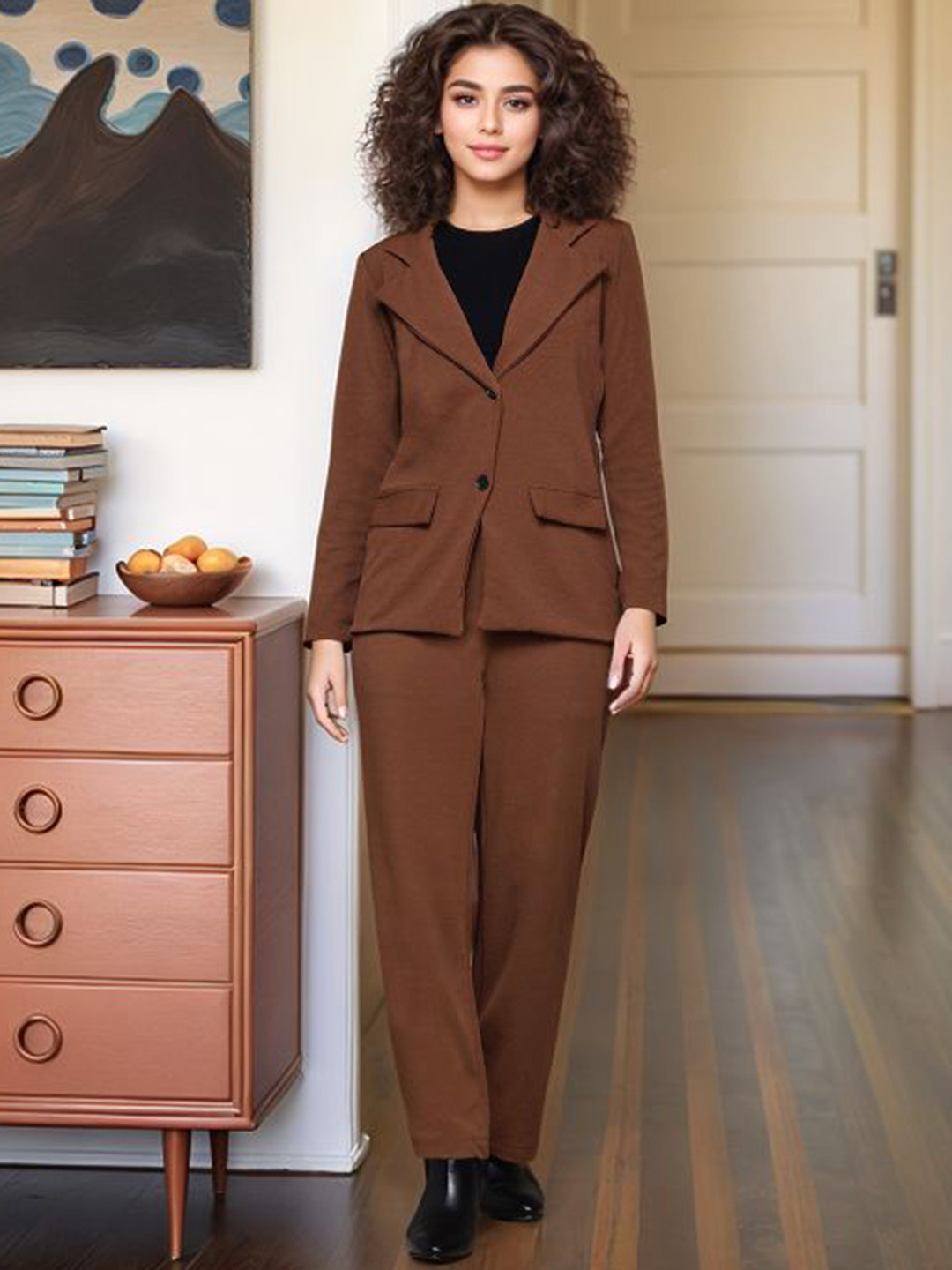 

DressBerry Notched Lapel Collar Casual Coat With Trousers Co-Ords, Coffee brown