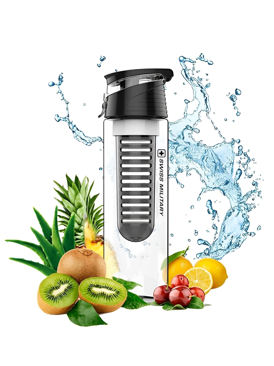

SWISS MILITARY Transparent & Black Health Infuser Water Bottle - 800 ML
