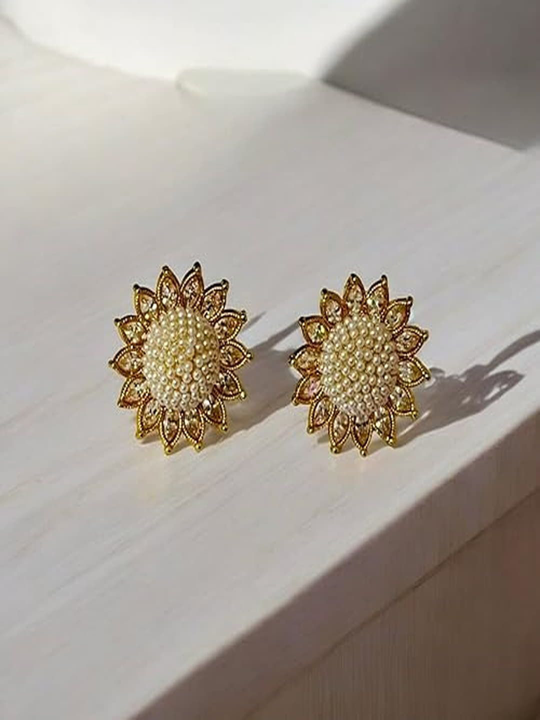 

Chaandi Rivaaz Antique Copper-Based Alloy Circular Pearl Studs, Gold