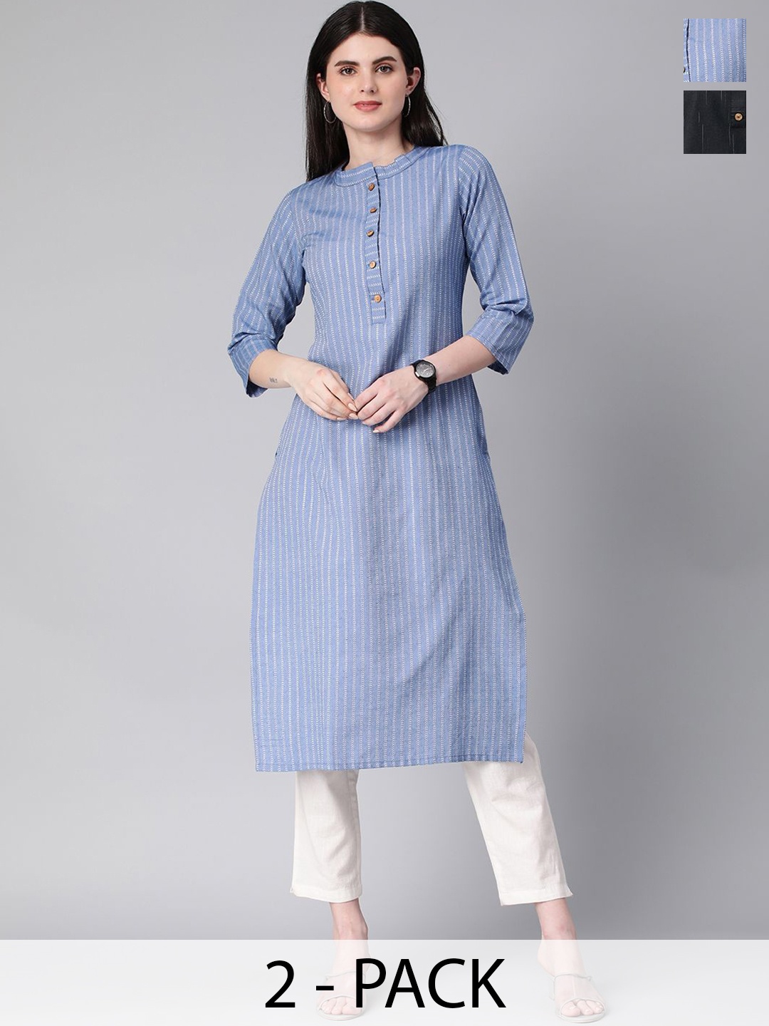 

KALINI Selection Of 2 Striped Round Neck Straight Kurtas, Blue