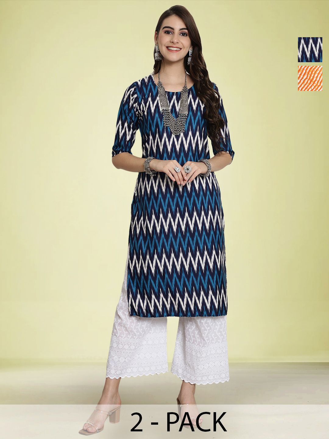 

Moda Rapido Selection Of 2 Chevron Printed Round Neck Straight Kurtas, Blue