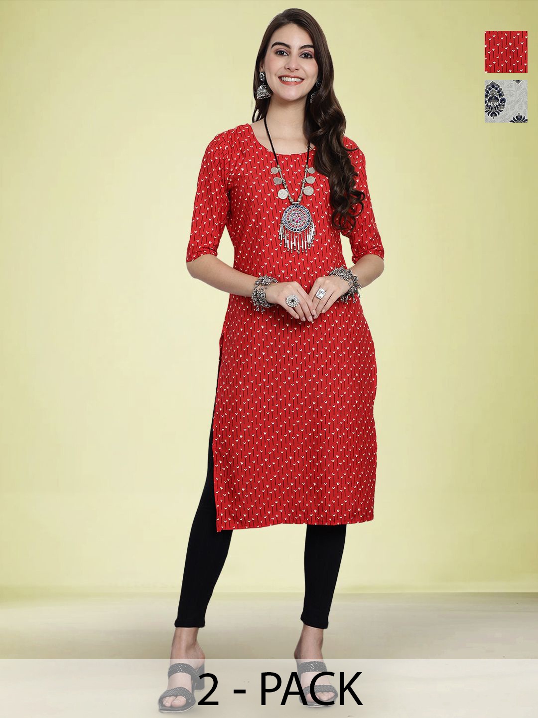 

Moda Rapido Women Pack Of 2 Printed Round Neck Straight Kurta, Red