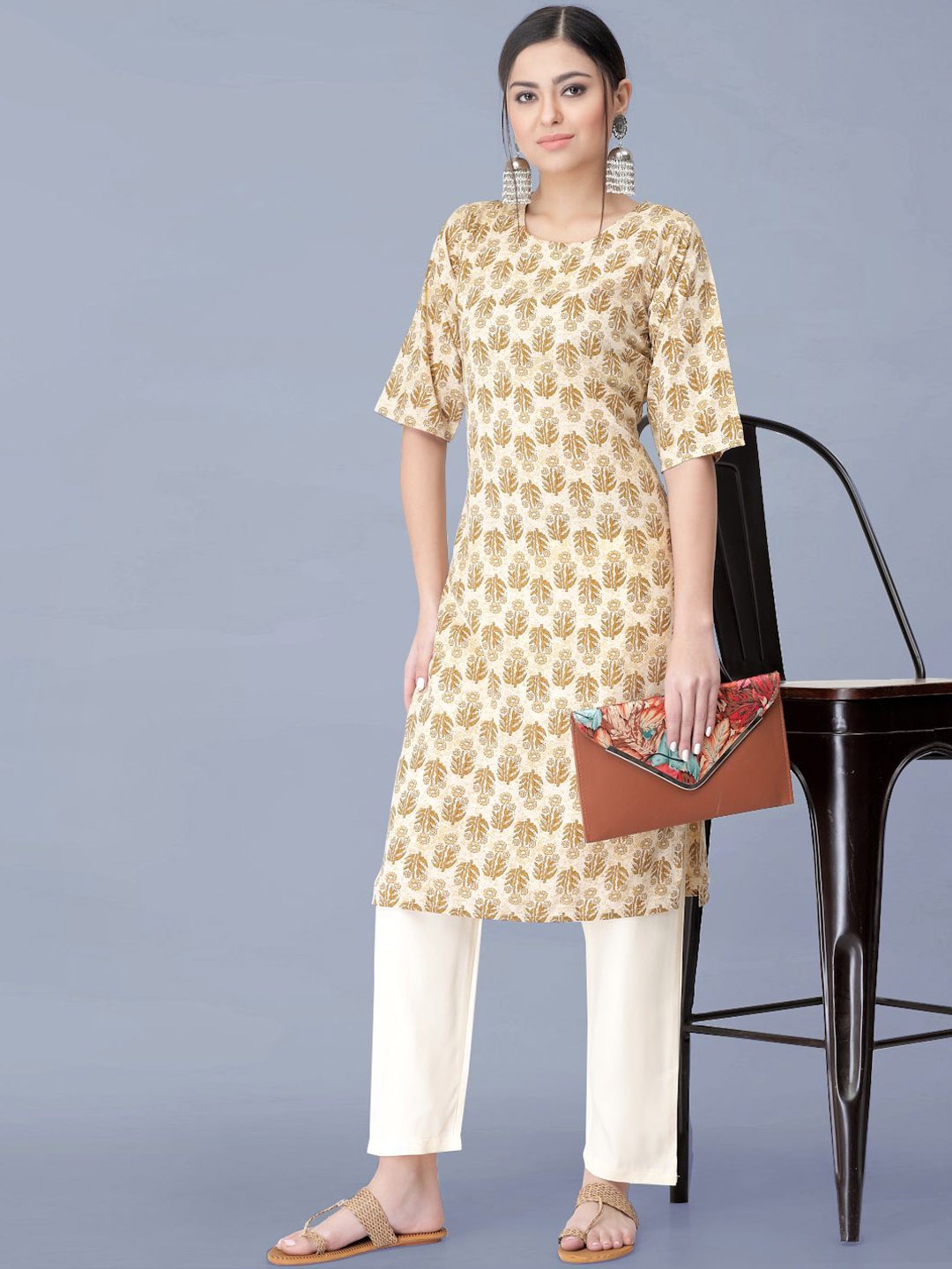 

Moda Rapido Floral Printed Round Neck Straight Kurta With Trousers, Beige