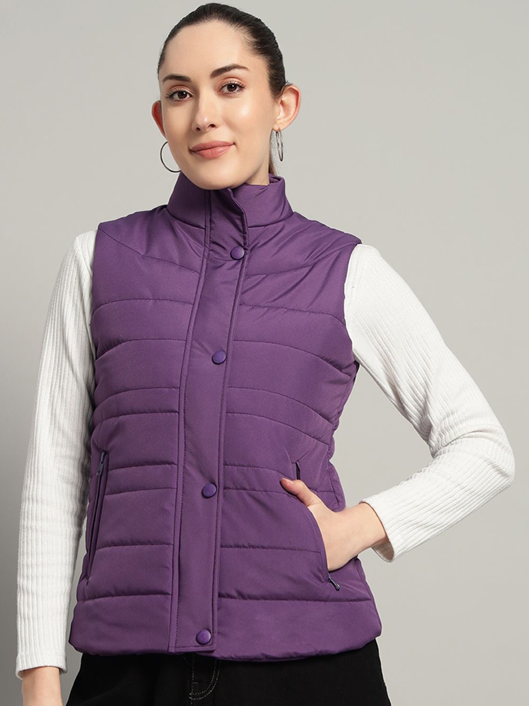 

AR-FIT Women Mock Collar Solid Casual Water Resistant Padded Jacket, Purple