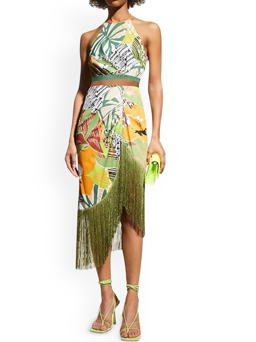 

PANKH Calvin Women Printed High Neck Three Piece Swimwear Cover up Set, Green